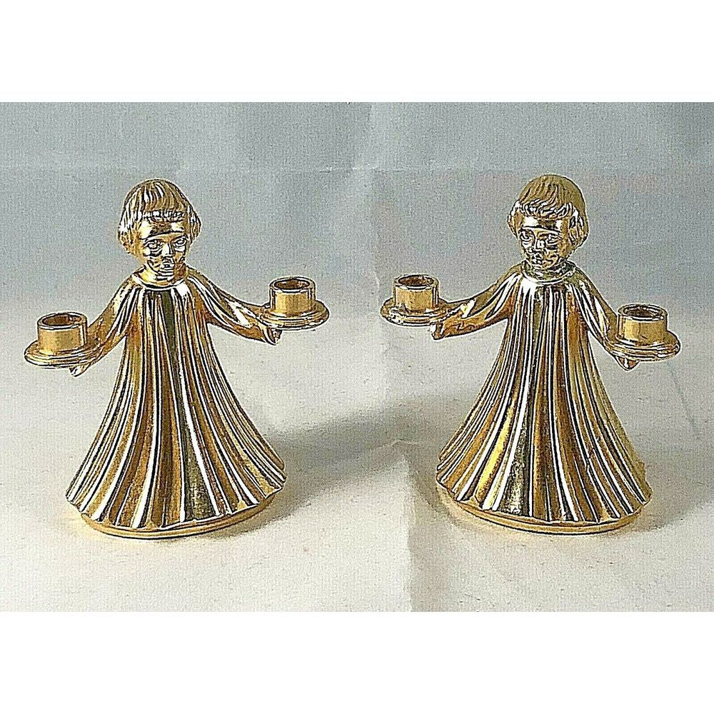 2 Angel Figurine Candle Holders Silver Plate & Gold Christmas‎ Italy